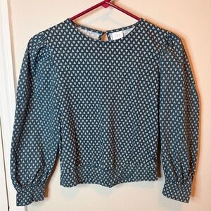 Zara Teal Geometric Print Long-Sleeve Blouse